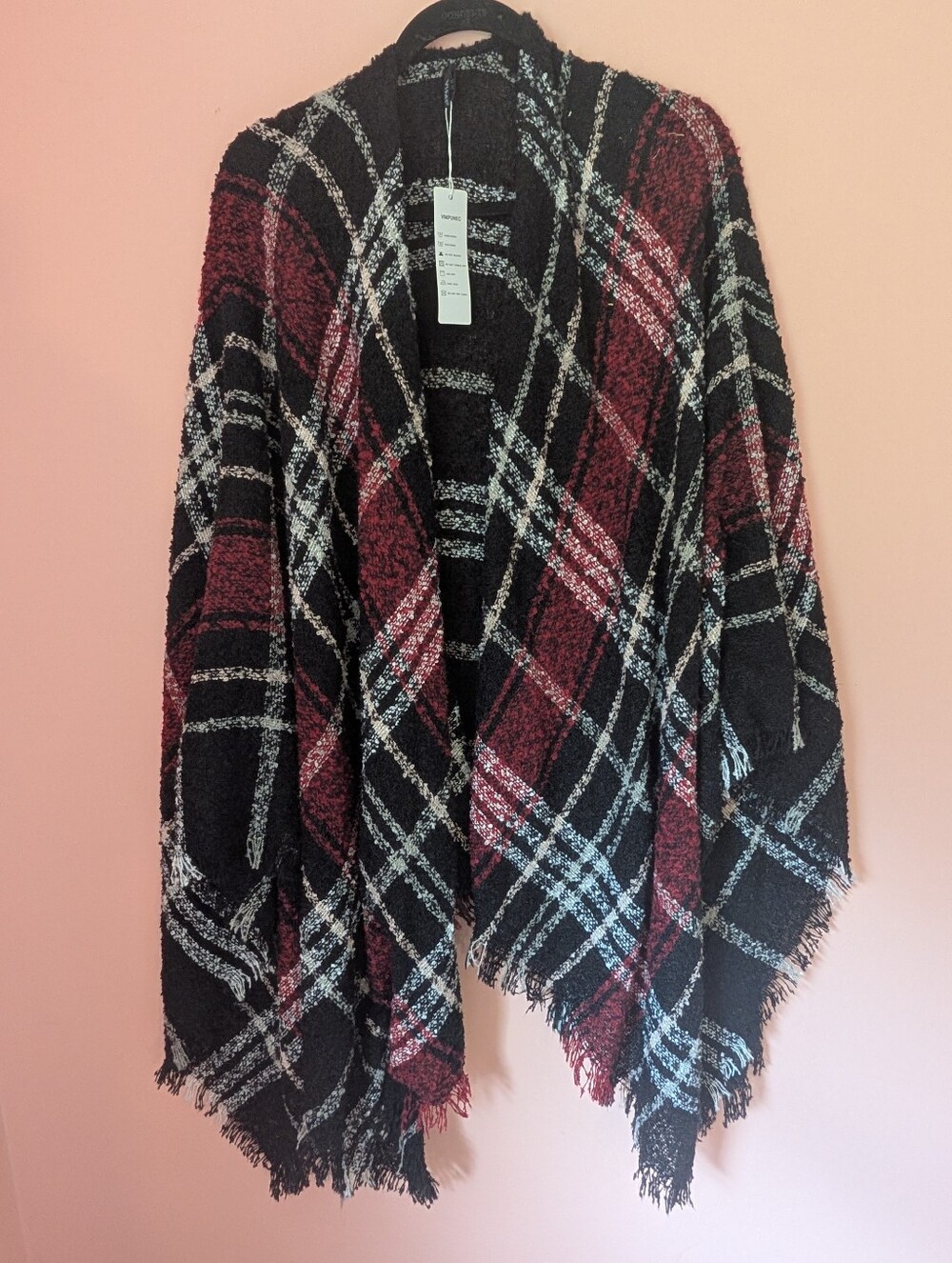 Cozy Plaid Open-Front Women's Sweater Poncho - Black & Burgundy